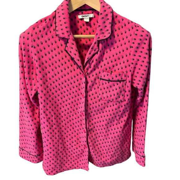 DKNY Pink Polka Dot Button Up Long Sleeve Fleece Pajama Top SZ Small - Picture 1 of 6